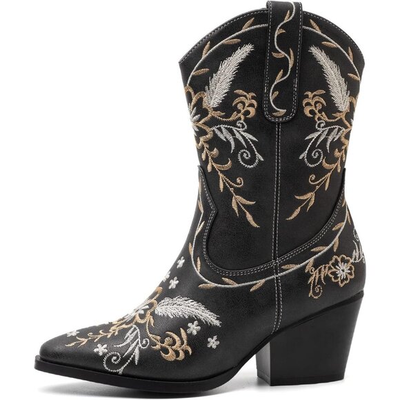 Anjoufemme Mid-calf Boot Black Polyurethane Embroidered Round-toe temperament - Picture 3 of 9